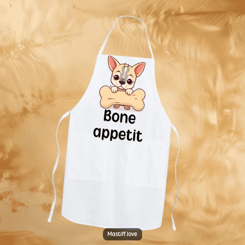 Funny apron featuring a small mastiff peeking from behind a giant bone, making kitchen tasks humorous and adorable for gift recipients.