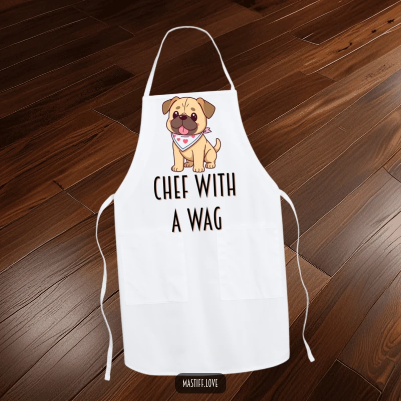 Funny kawaii mastiff apron featuring a mastiff wearing a bandana and wagging its tail, making cooking more fun.