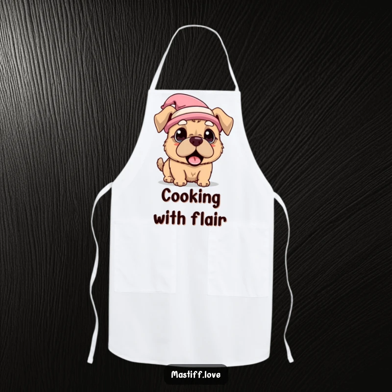 Funny Apron featuring a kawaii mastiff dog wearing a peculiar hat and looking comically surprised, perfect for a fun kitchen vibe.