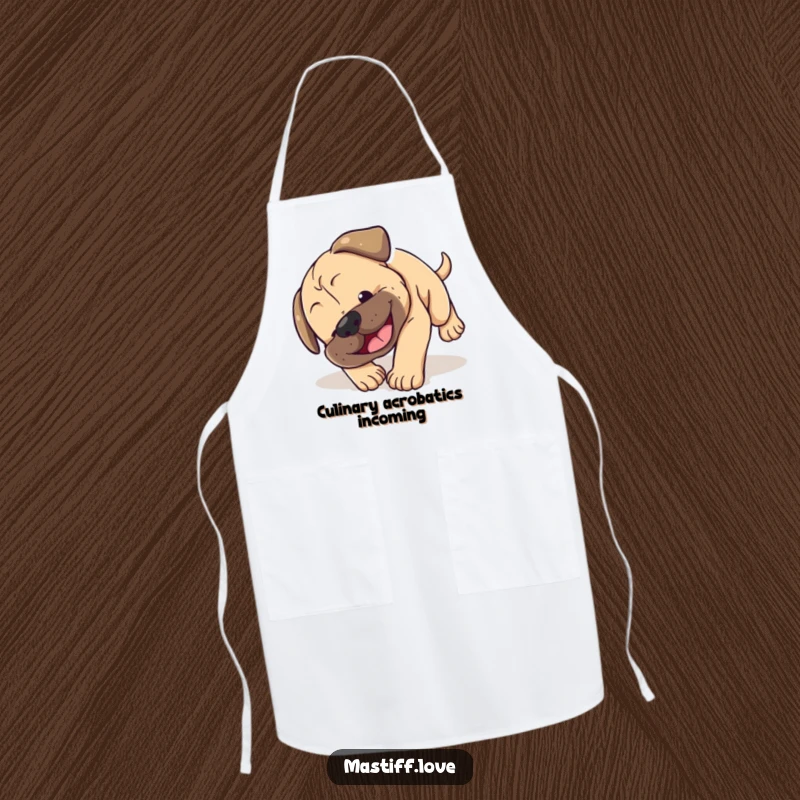 Funny Mastiff puppy apron depicting a small dog hilariously tumbling head over paws with a happy smile, great for kitchen fun.