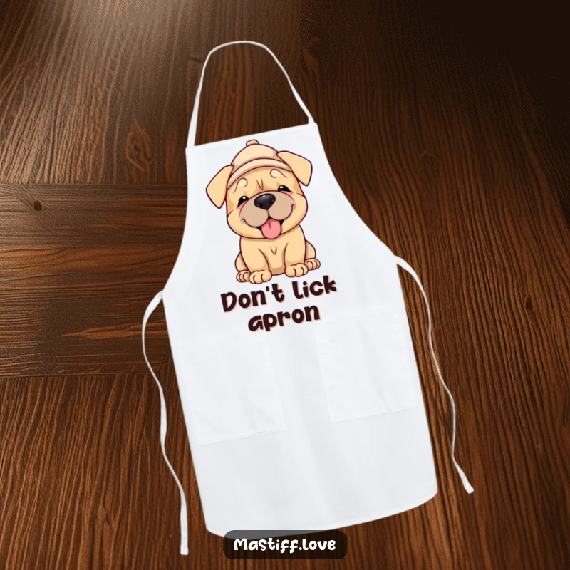 Funny Mastiff Puppy Apron: a happy mastiff pup wearing a hat, giving a lick, perfect for cooking with canine cheer.