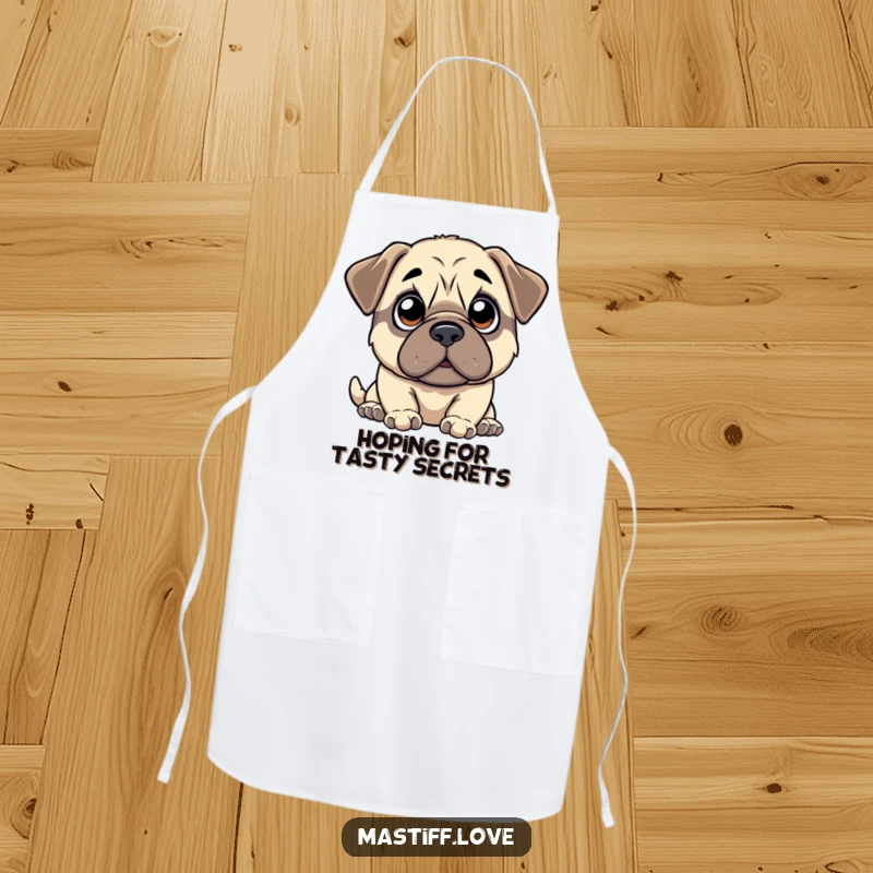 Funny kawaii mastiff apron featuring a cute mastiff with wide, innocent eyes looking up with anticipation, making cooking more fun.