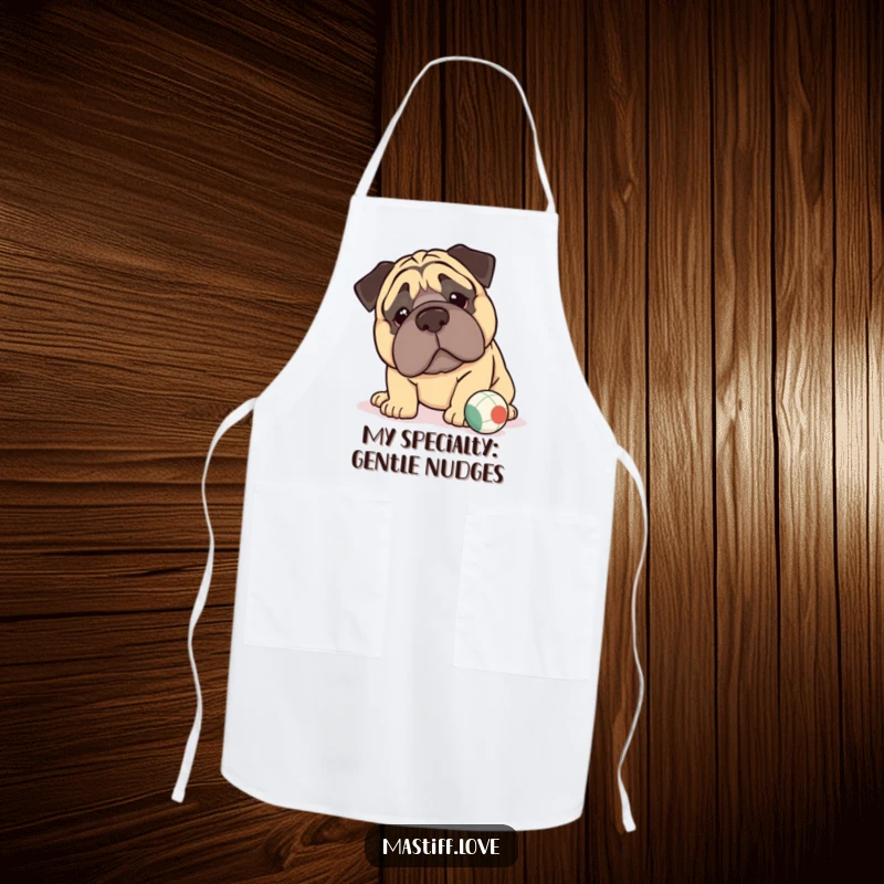 Funny kawaii mastiff apron featuring a sweet mastiff with large jowls gently pushing a small ball, making cooking more fun.