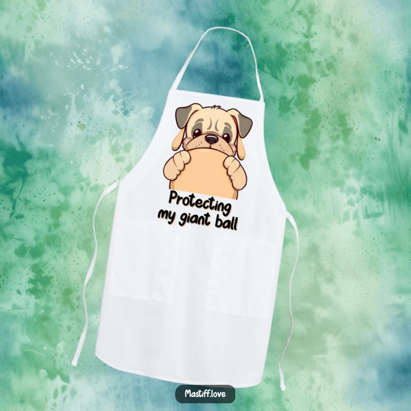 Funny kawaii mastiff dog peeking from behind a large dog toy on a cooking apron, adding humor to meal prep.