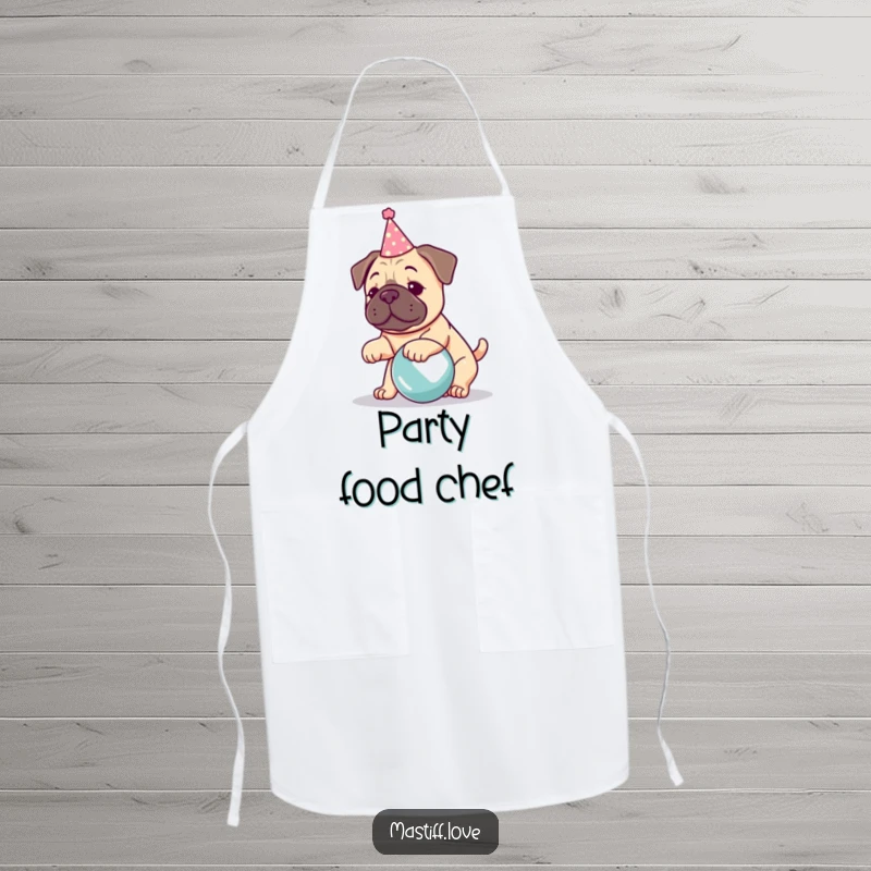 Funny kawaii mastiff apron, a dog in a party hat playing with a ball, perfect for kitchen celebrations.