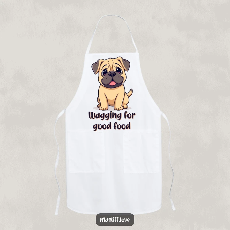 Funny kawaii mastiff apron, a dog with floppy ears and a wagging tail, ready for kitchen fun.