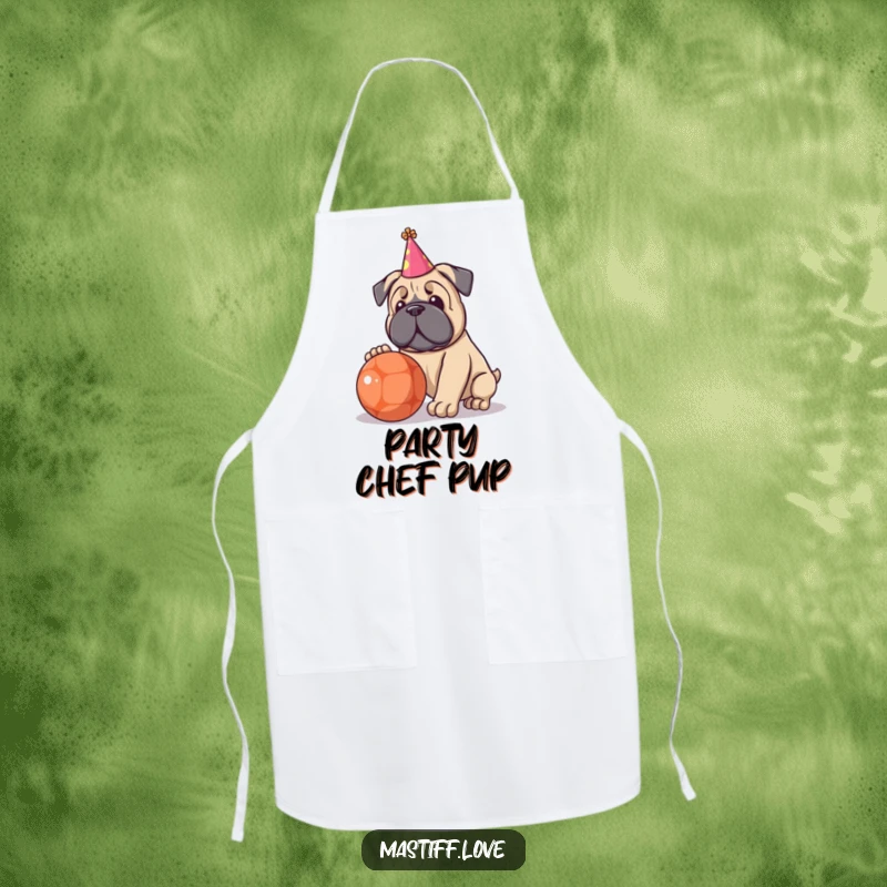 Funny apron with a kawaii Mastiff wearing a tiny party hat, energetically playing with a large ball.