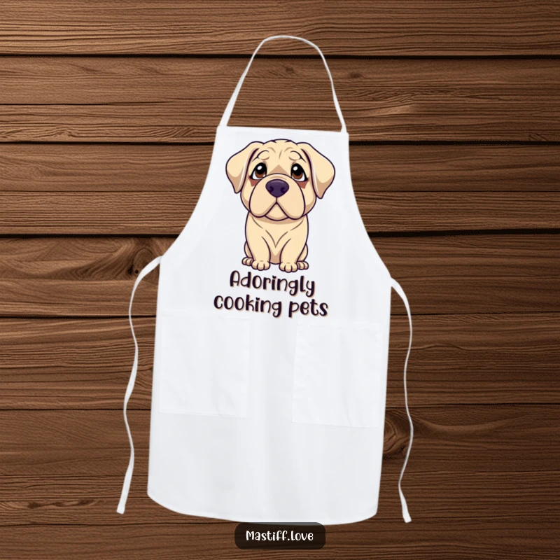 Funny mastiff apron featuring a gentle dog with droopy eyes looking up with adoration, perfect for adding love to cooking.