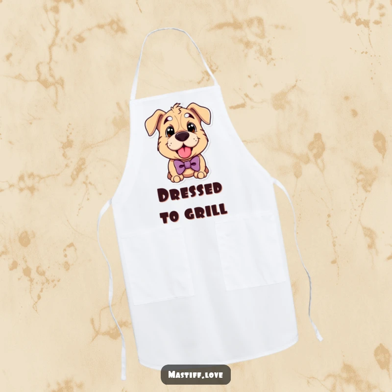 Funny mastiff apron showing a cute dog wearing a bowtie and panting happily, great for stylish cooking.