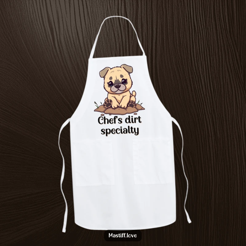 Funny Mastiff Apron illustrating a small mastiff puppy energetically digging with oversized paw prints, bringing humor to the kitchen.