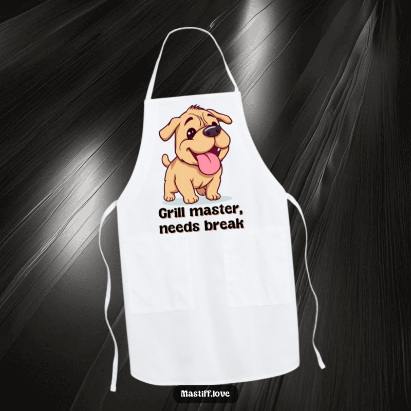 Funny Mastiff apron with a happy dog panting its tongue out after a run, great for kitchen fun.