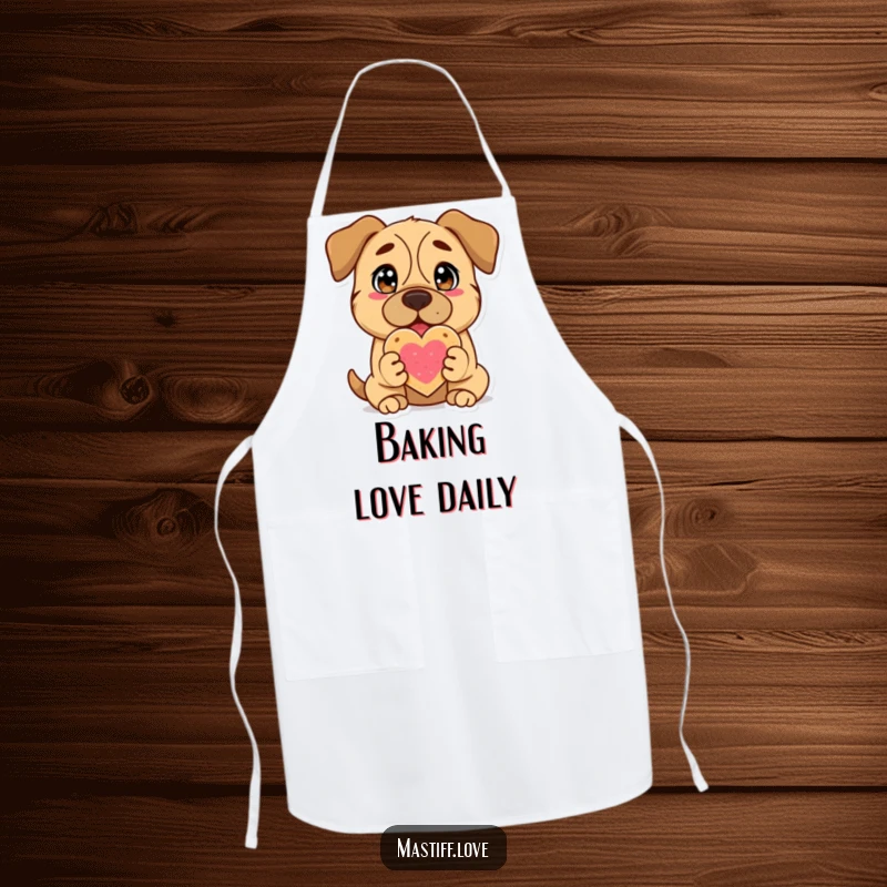 Funny Mastiff Apron: A happy Mastiff dog with big eyes offers a sweet heart cookie, ideal for kitchen fun.