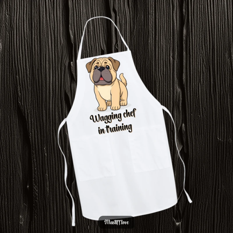 Funny giant mastiff puppy with droopy ears and a wagging tail, printed on a kitchen apron for fun cooking.