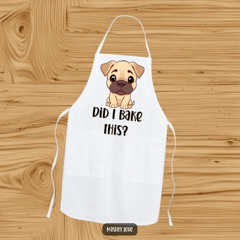 Funny Mastiff puppy apron with a cute dog tilting its head with curious, pleading eyes, great for kitchen fun.
