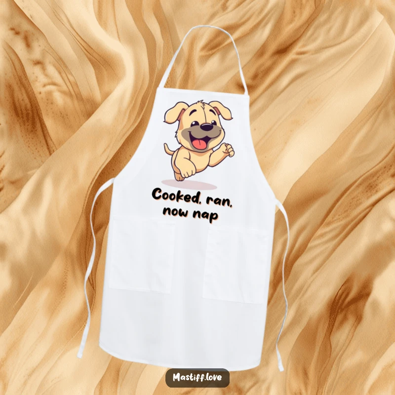 Funny Mastiff Apron illustrating a happy mastiff energetically panting after a fun run, bringing canine joy to the kitchen.