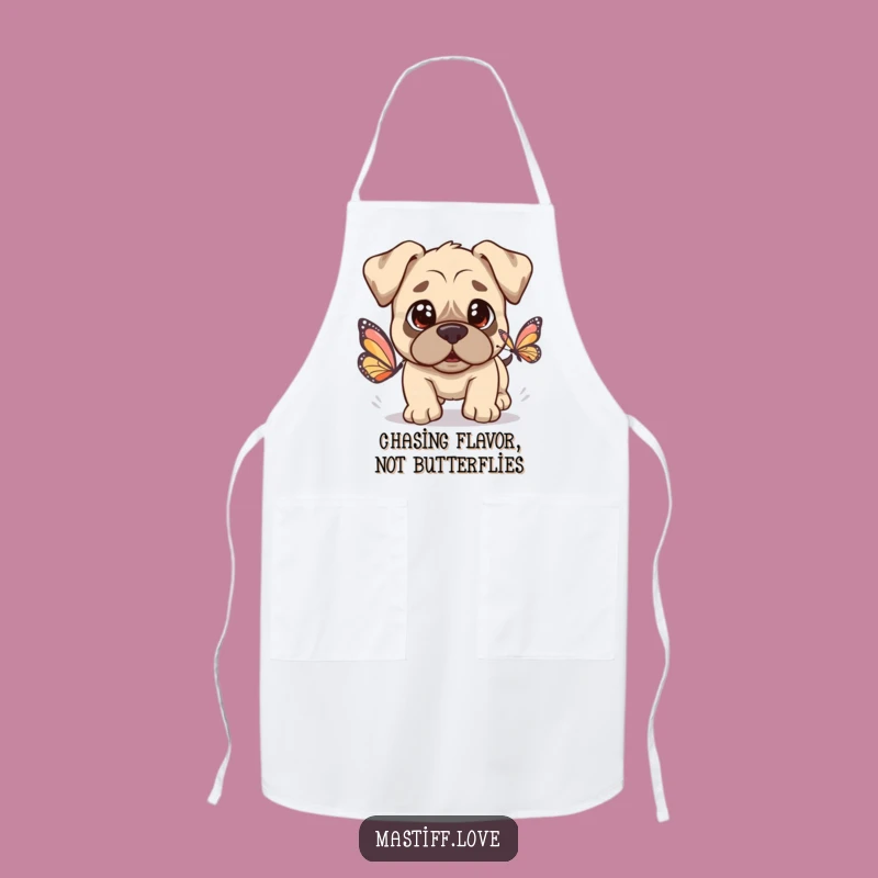 Kawaii Mastiff Butterfly Apron: Innocent Dog Chasing Butterfly, Kitchen Charm Funny Gift