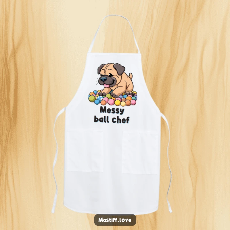 Funny Energetic Mastiff Apron featuring an enthusiastic dog digging joyfully in a pile of colorful balls with a happy, playful face.