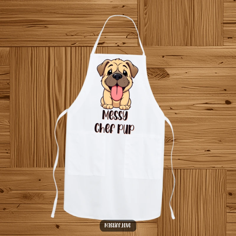 Funny apron with a kawaii Mastiff puppy panting happily, its oversized tongue lolling out.