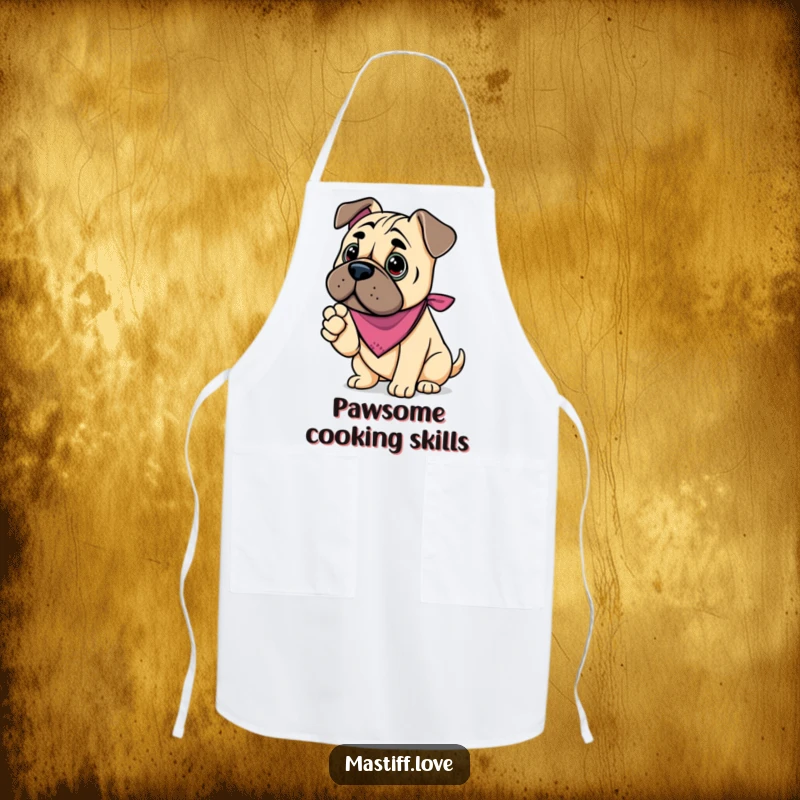 Funny kawaii mastiff apron, a dog in a bandana offering its paw, ready for kitchen greetings.