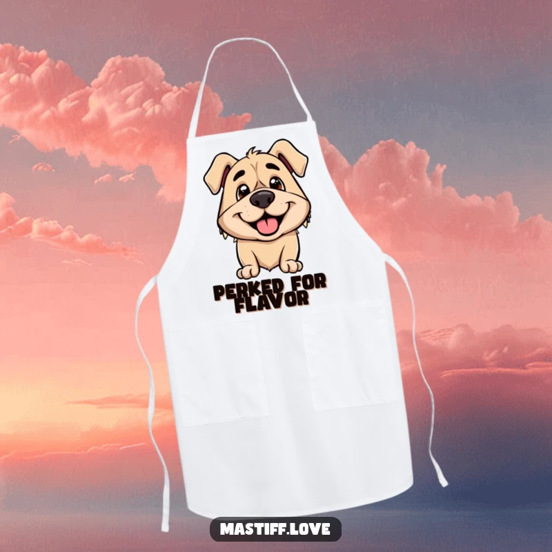 Funny apron with a smiling mastiff whose ears are perked up excitedly, ready for kitchen fun.