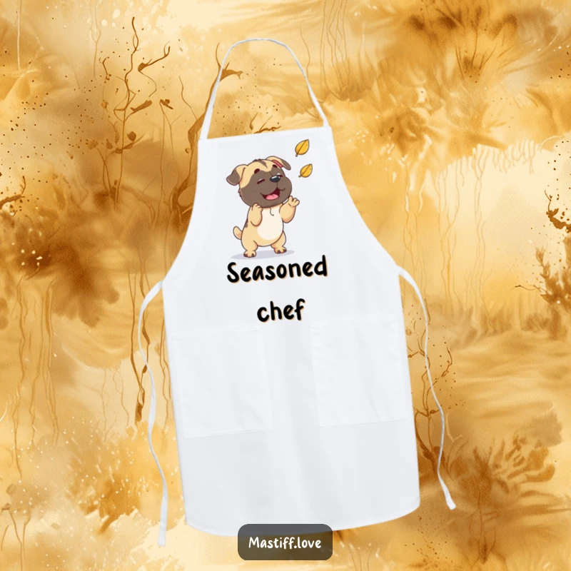 Funny playful mastiff, trying to catch a falling leaf, playful apron for autumn cooking, perfect funny gift.