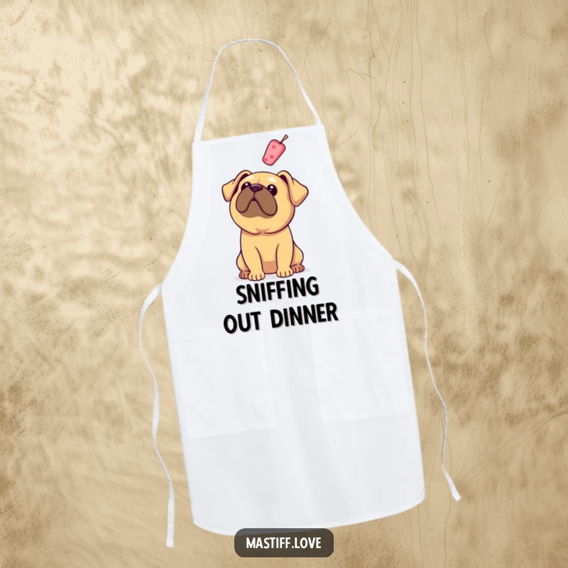 Funny Mastiff Apron: A dog with floppy ears stares up at a floating treat, bringing humorous anticipation to the kitchen.