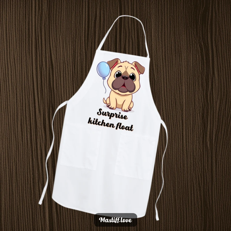 Funny Surprised Mastiff Apron featuring a dog with wide, innocent eyes looking up in amazement at a floating balloon.