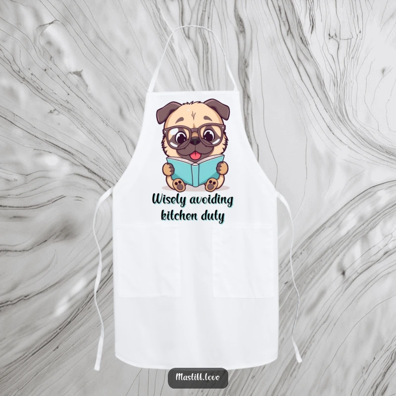 Funny Mastiff Apron: A delighted dog wearing glasses reads a cookbook, making kitchen time more humorous.