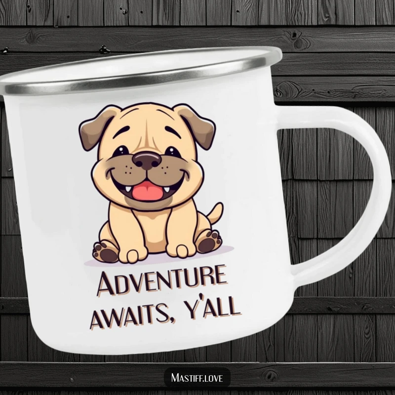 Funny Mastiff Camping Mug: A dog with a broad grin performs a playful bow, perfect for outdoor greetings.