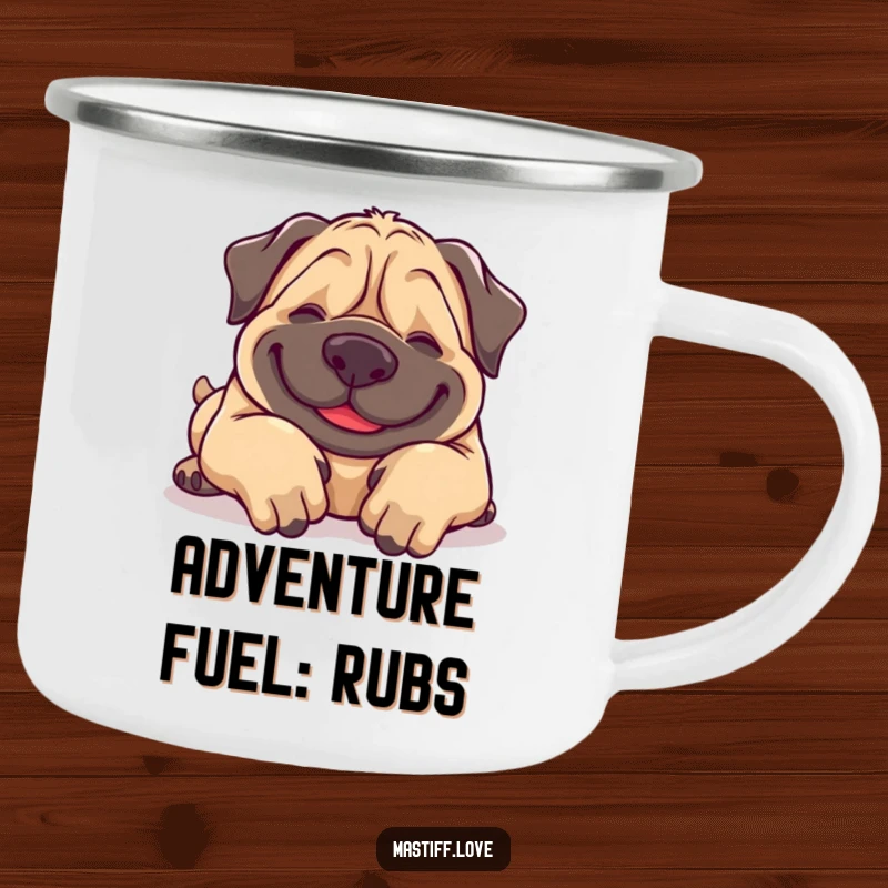 Funny Mastiff Camping Mug: A cheerful mastiff rolling for belly rubs, ready for any outdoor adventure, coffee mug.