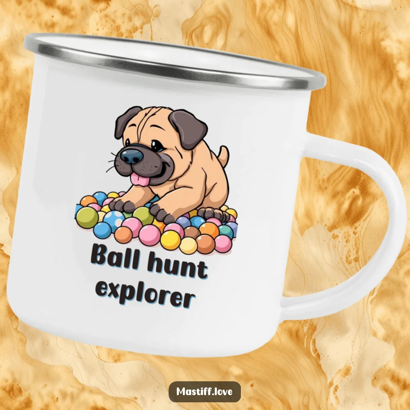 Funny Energetic Mastiff Camping Mug showing an enthusiastic dog digging happily in a pile of colorful balls with a joyful expression.