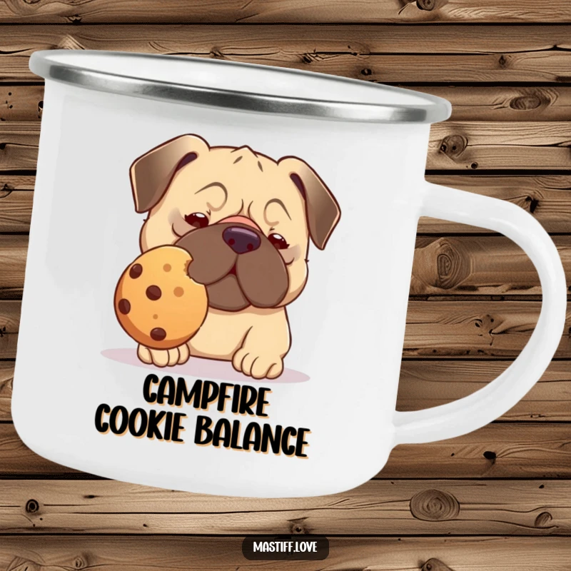 Funny kawaii mastiff camping mug, a dog balancing a huge cookie on its nose, perfect for outdoor treats.