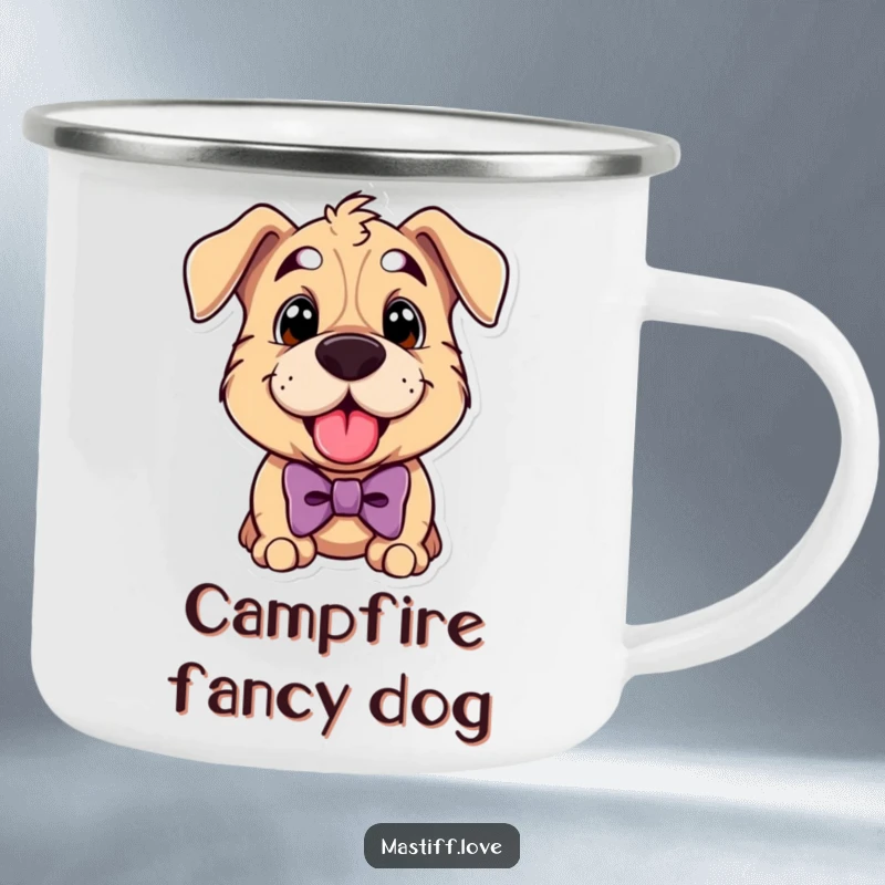 Funny mastiff camping mug showing a cute dog wearing a bowtie and panting happily, ideal for stylish outdoor fun.