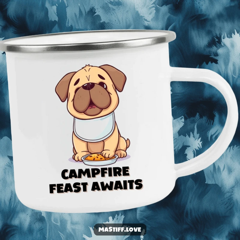 Hungry Kawaii Mastiff Camping Mug showing a cute dog in a tiny bib, looking excitedly at food, perfect for outdoors.