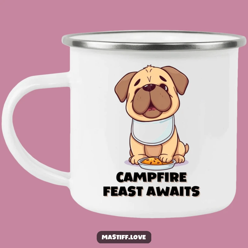 Hungry Kawaii Mastiff Camping Mug: Tiny Bib Dog Eager for Food, Outdoor Feast Funny Gift