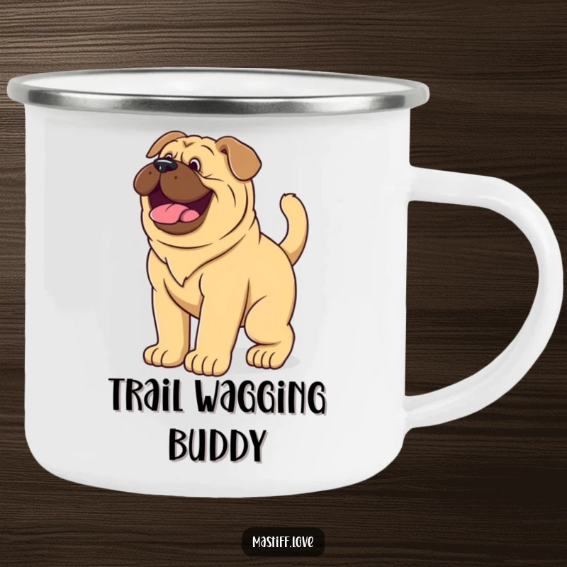 Funny Camping Mug featuring a giant mastiff puppy wagging its tail vigorously, ready for outdoor fun.