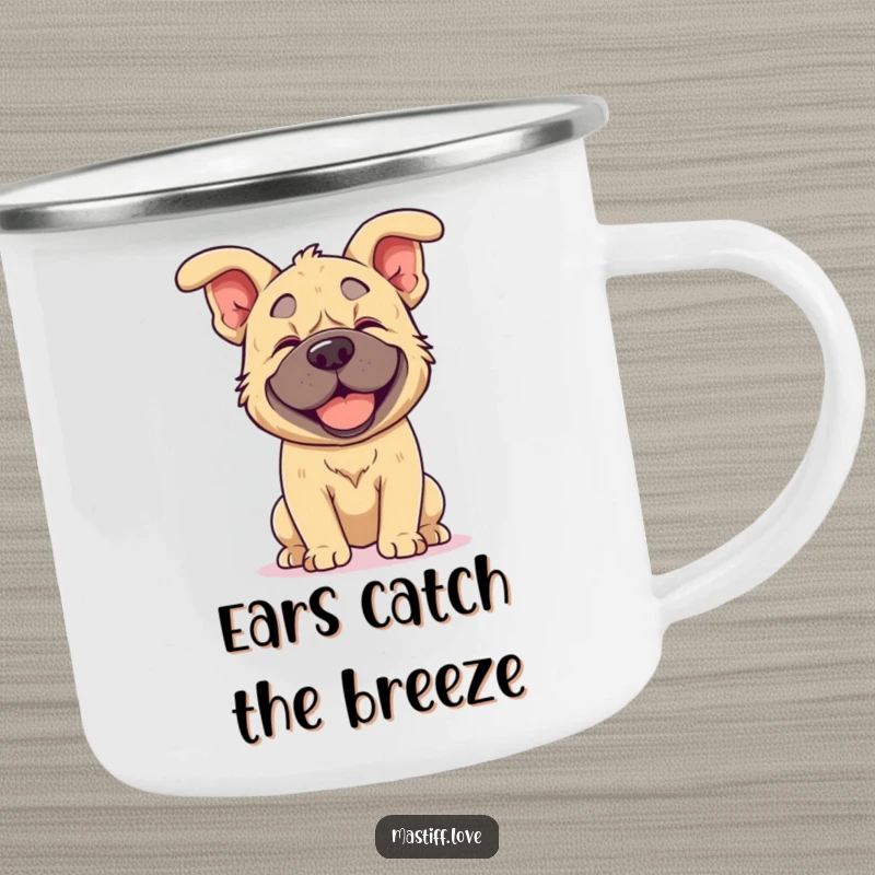 Funny kawaii mastiff camping mug with a mastiff joyfully shaking its head, its floppy ears flying, perfect for enjoying drinks outdoors.