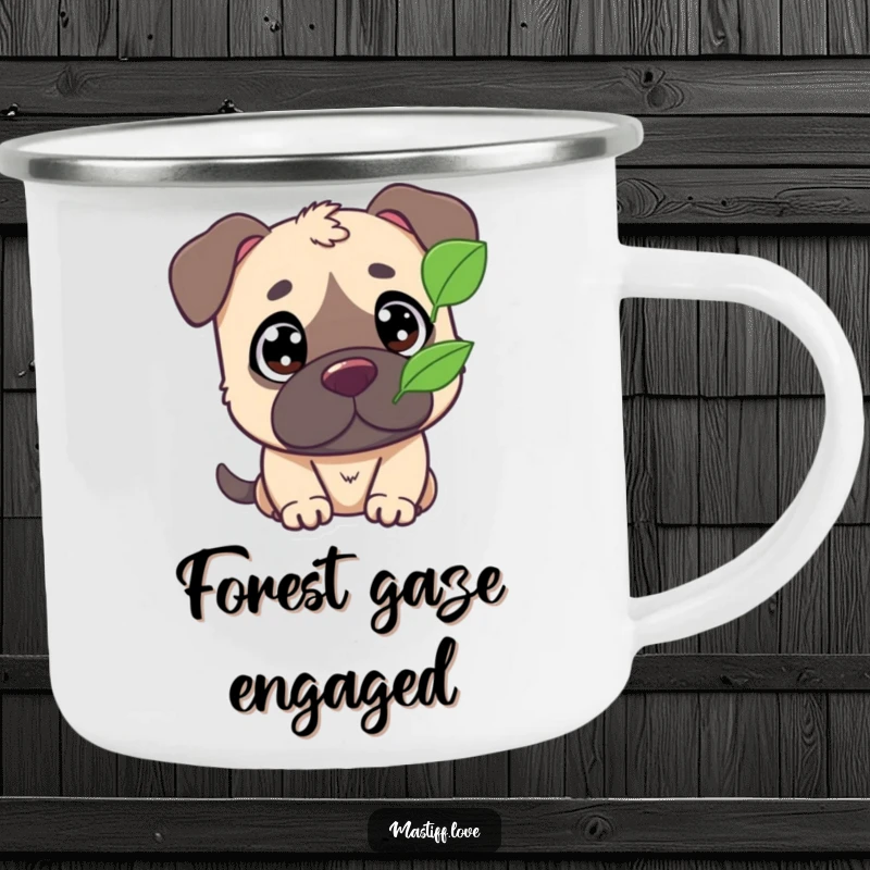 Funny camping mug showing a cute mastiff character with wide eyes, intently watching a fluttering leaf, ready for outdoor contemplation.