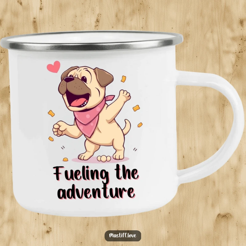 Funny Camping Mug: An excited mastiff wearing a bandana jumps for a treat on this outdoor mug. A durable and amusing drinkware.