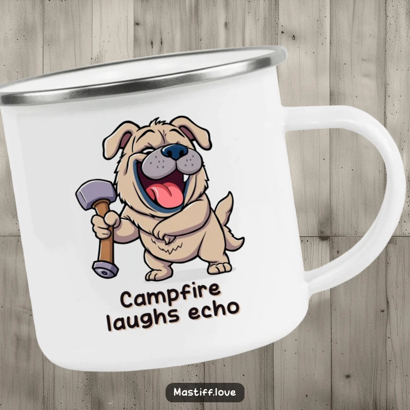 Funny Jovial Mastiff Camping Mug showing a happy dog roaring with laughter while holding a giant squeaky hammer with a gleeful expression.