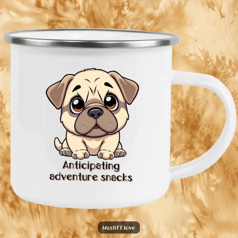 Funny kawaii mastiff camping mug with wide, innocent eyes looking up in anticipation, perfect for enjoying drinks during outdoor adventures.