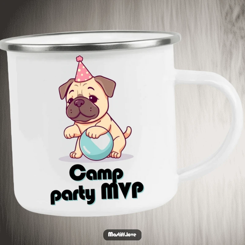 Funny kawaii mastiff camping mug, a dog in a party hat playing with a big ball, ready for outdoor fun.