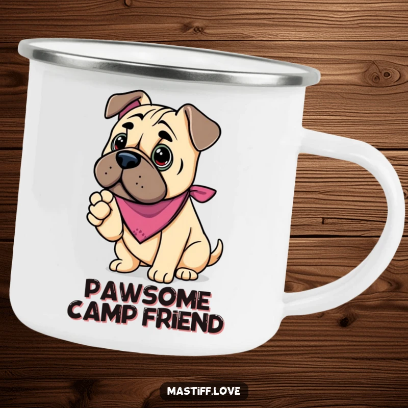 Funny kawaii mastiff camping mug, a dog in a bandana offering its paw, symbolizing trust and friendship.