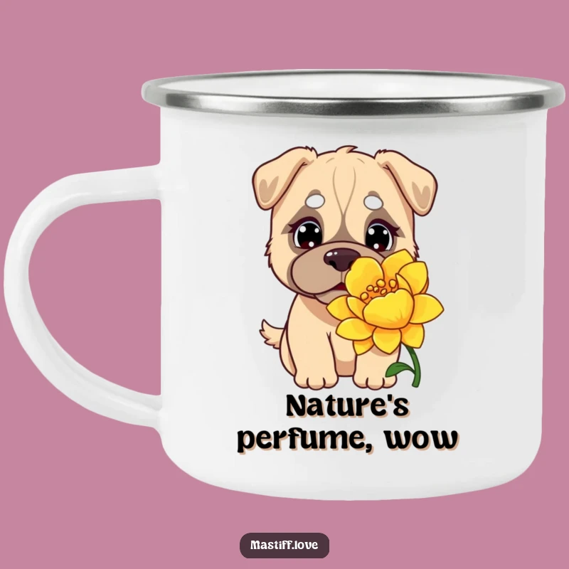 Funny Kawaii Mastiff Camping Mug: Sniffing Flower, Rugged Humorous Gift