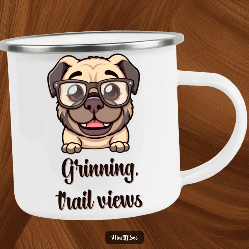 Funny Kawaii Mastiff Camping Mug: A camping mug featuring a mastiff with a goofy grin and oversized, comical glasses.