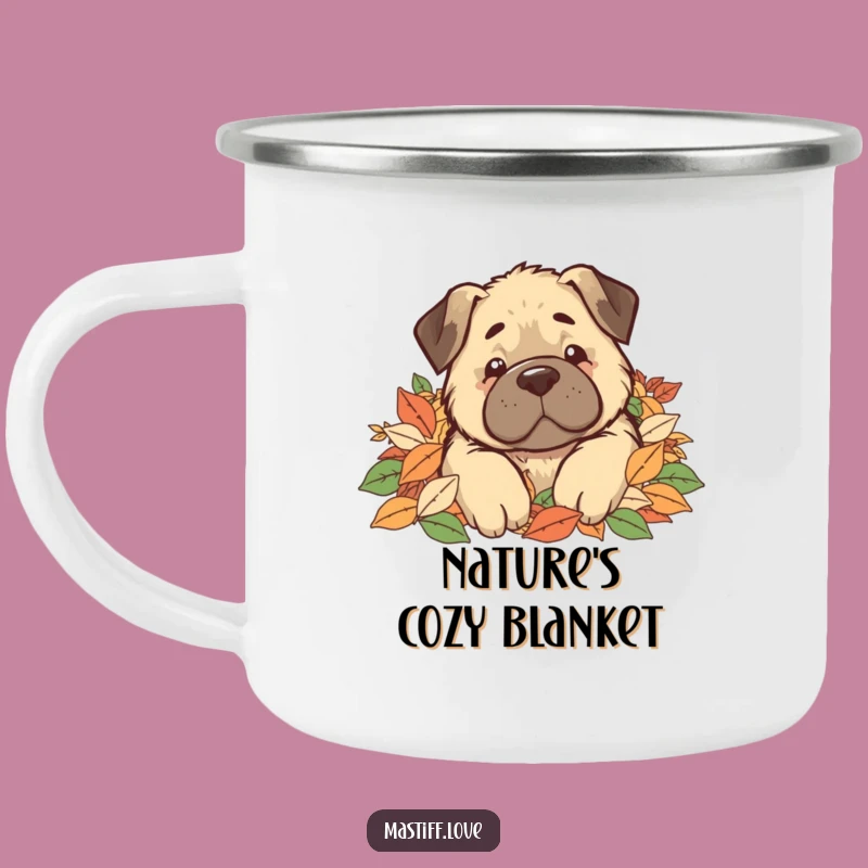 Funny Kawaii Mastiff Leaf Pile Camping Mug, Autumn Outdoor Laugh Gift