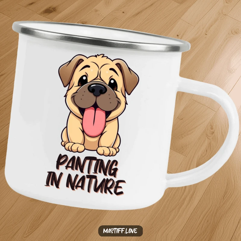 Funny camping mug with a kawaii Mastiff puppy happily panting, its oversized tongue sticking out.