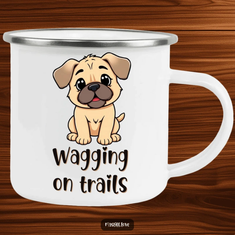 Funny kawaii mastiff camping mug, a cute dog with floppy ears wagging its tail, perfect for happy outdoor beverages.