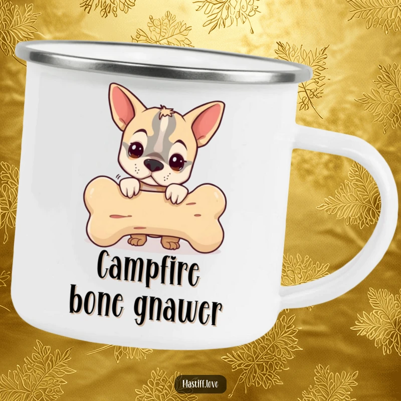 Funny camping mug featuring a small mastiff peeking from behind a giant bone, perfect for humorous outdoor enjoyment.