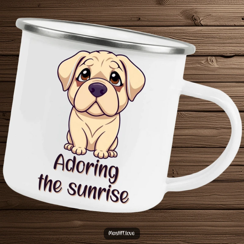 Funny mastiff camping mug showcasing a gentle dog with droopy eyes looking up with adoration, ideal for lovers of loyal companions.